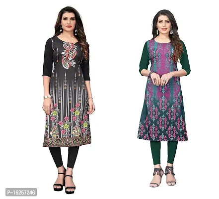 GROWMORE Women's Crepe Digital Print Straight Kurta(Pack of 2) (XXL, Black  Olive Green)-thumb0