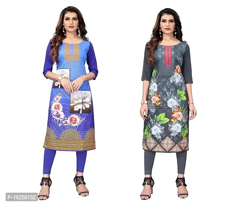 GROWMORE Women's Crepe Digital Print Straight Kurta(Pack of 2) (L, Blue  Light Grey)-thumb0