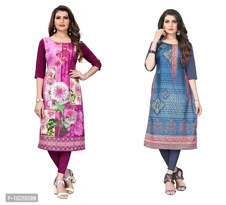 GROWMORE Women's Crepe Digital Print Straight Kurta(Pack of 2) (L, Purple  DIM Grey)-thumb0