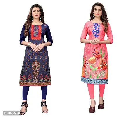 GROWMORE Women's Crepe Digital Print Straight Kurta(Pack of 2) (XL, Dark Blue  Peach)