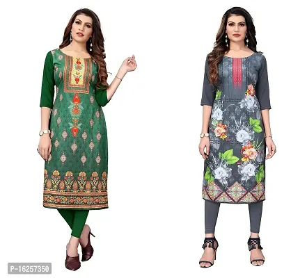 GROWMORE Women's Crepe Digital Print Straight Kurta(Pack of 2) (L, Green  Light Grey)