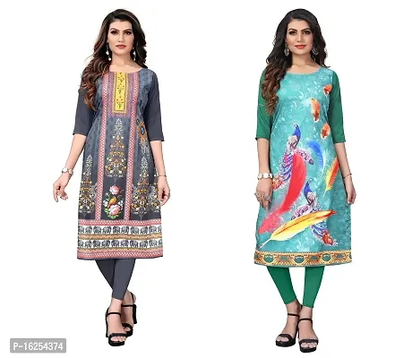 GROWMORE Women's Crepe Digital Print Straight Kurta(Pack of 2) (L, Grey  Spring Green)-thumb0