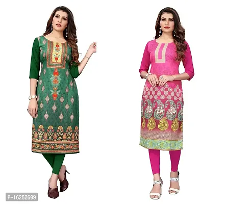 GROWMORE Women's Crepe Digital Print Straight Kurta(Pack of 2) (L, Green  Pink)-thumb0