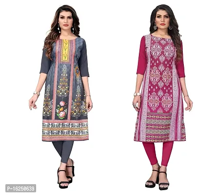 GROWMORE Women's Crepe Digital Print Straight Kurta(Pack of 2) (XL, Grey  DEEP Pink)