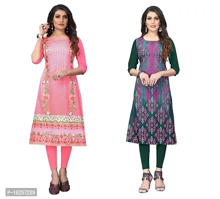 GROWMORE Women's Crepe Digital Print Straight Kurta(Pack of 2) (S, Peach  Olive Green)