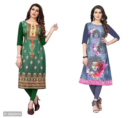 GROWMORE Women's Crepe Digital Print Straight Kurta(Pack of 2) (XL, Green  Slate Grey)-thumb0