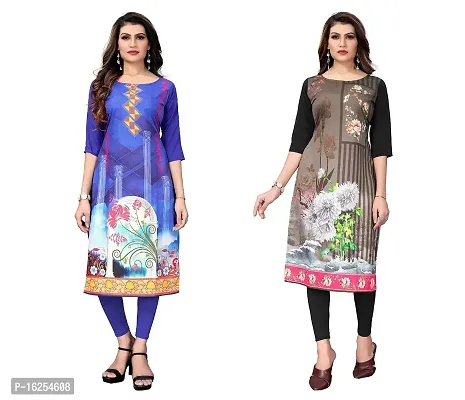 GROWMORE Women's Crepe Digital Print Straight Kurta(Pack of 2) (L, Blue  White Black)