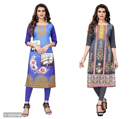 GROWMORE Women's Crepe Digital Print Straight Kurta(Pack of 2) (XL, Blue  Grey)