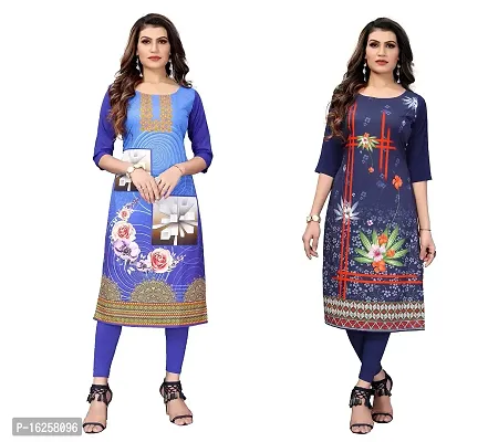 GROWMORE Women's Crepe Digital Print Straight Kurta(Pack of 2) (XL, Blue  Dark Blue)