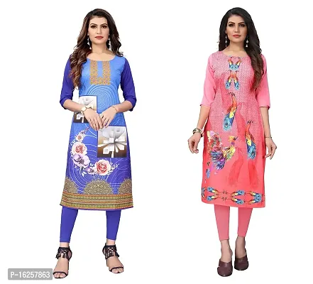 GROWMORE Women's Crepe Digital Print Straight Kurta(Pack of 2) (S, Blue  Rose Pink)