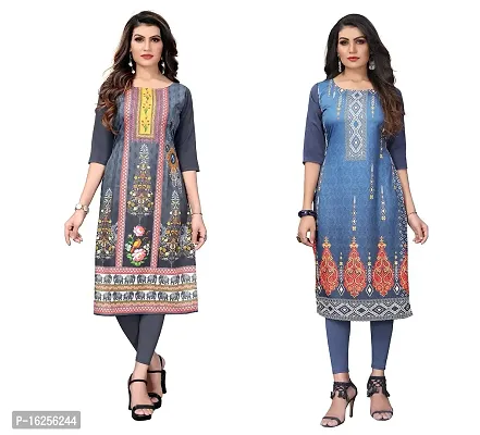 GROWMORE Women's Crepe Digital Print Straight Kurta(Pack of 2) (S, Grey  Blue Grey)