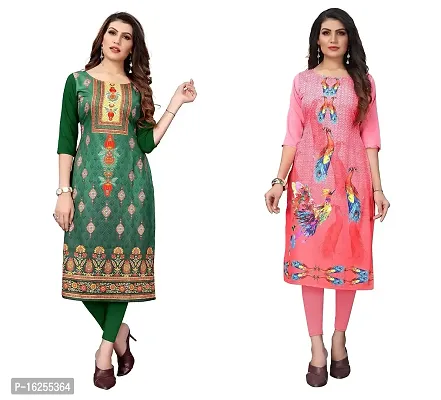 GROWMORE Women's Crepe Digital Print Straight Kurta(Pack of 2) (XL, Green  Rose Pink)-thumb0