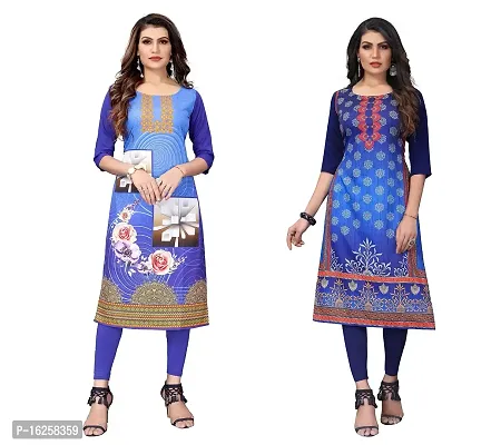 GROWMORE Women's Crepe Digital Print Straight Kurta(Pack of 2) (XXL, Blue  Navy Blue)