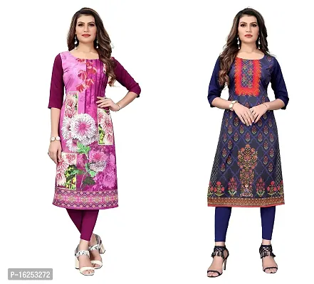 GROWMORE Women's Crepe Digital Print Straight Kurta(Pack of 2) (XL, Purple  Indigo Blue)-thumb0