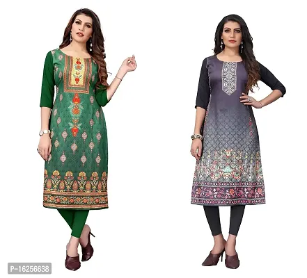 GROWMORE Women's Crepe Digital Print Straight Kurta(Pack of 2) (XL, Green  Silver Black)-thumb0