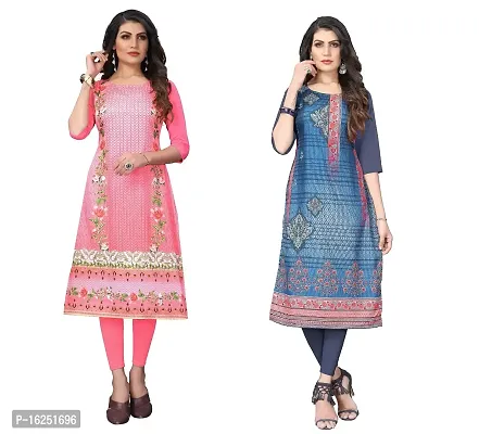 GROWMORE Women's Crepe Digital Print Straight Kurta(Pack of 2) (XL, Peach  DIM Grey)-thumb0