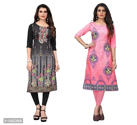 GROWMORE Women's Crepe Digital Print Straight Kurta(Pack of 2) (M, Black  Tomato Pink)-thumb0