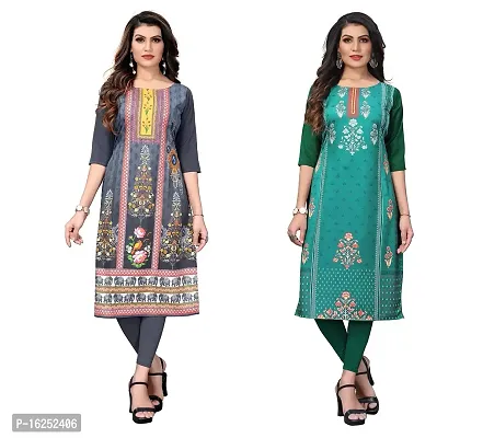 GROWMORE Women's Crepe Digital Print Straight Kurta(Pack of 2) (XL, Grey  SEA Green)-thumb0