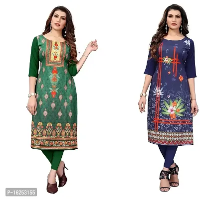 GROWMORE Women's Crepe Digital Print Straight Kurta(Pack of 2) (S, Green  Dark Blue)