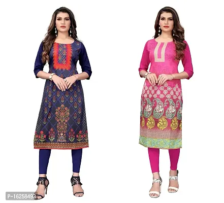 GROWMORE Women's Crepe Digital Print Straight Kurta(Pack of 2) (XL, Dark Blue  Pink)-thumb0