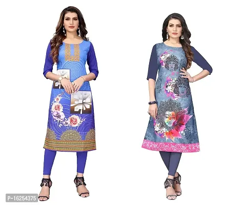 GROWMORE Women's Crepe Digital Print Straight Kurta(Pack of 2) (M, Blue  Slate Grey)-thumb0