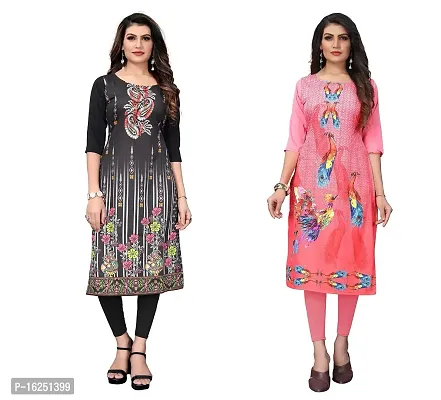 GROWMORE Women's Crepe Digital Print Straight Kurta(Pack of 2) (XL, Black  Rose Pink)-thumb0