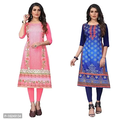 GROWMORE Women's Crepe Digital Print Straight Kurta(Pack of 2) (XL, Peach  Navy Blue)-thumb0