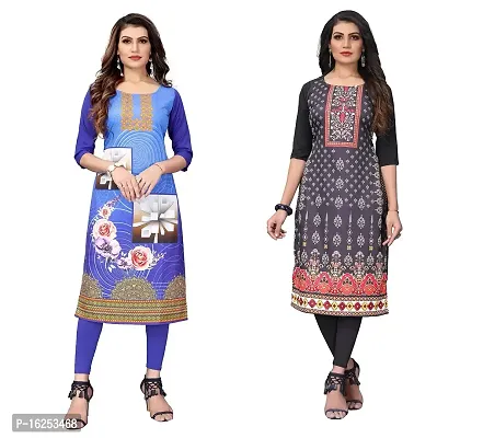 GROWMORE Women's Crepe Digital Print Straight Kurta(Pack of 2) (S, Blue  RED Black)-thumb0