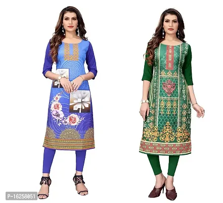 GROWMORE Women's Crepe Digital Print Straight Kurta(Pack of 2) (M, Blue  Forest Green)