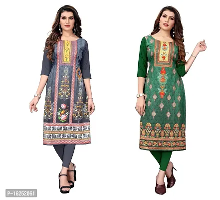 GROWMORE Women's Crepe Digital Print Straight Kurta(Pack of 2) (XL, Grey  Green)-thumb0