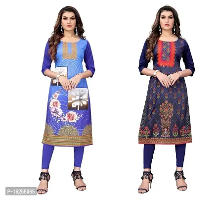 GROWMORE Women's Crepe Digital Print Straight Kurta(Pack of 2) (L, Blue  Indigo Blue)-thumb0