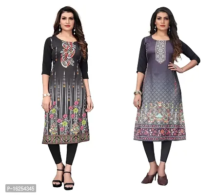 GROWMORE Women's Crepe Digital Print Straight Kurta(Pack of 2) (XXL, Black  Silver Black)-thumb0