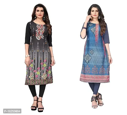 GROWMORE Women's Crepe Digital Print Straight Kurta(Pack of 2) (XXL, Black  DIP Grey)-thumb0