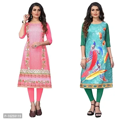 GROWMORE Women's Crepe Digital Print Straight Kurta(Pack of 2) (L, Peach  SPRINR Green)-thumb0