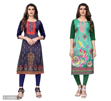 GROWMORE Women's Crepe Digital Print Straight Kurta(Pack of 2) (S, Dark BLIE  Dark Green)