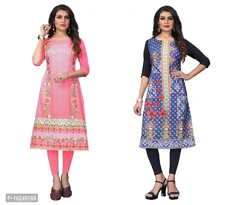 GROWMORE Women's Crepe Digital Print Straight Kurta(Pack of 2) (XXL, PRACH  Stee Blue)-thumb0