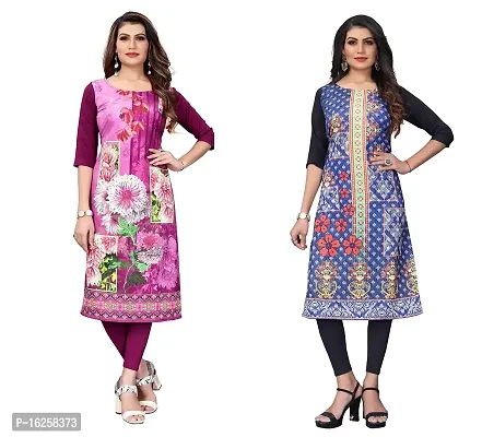 GROWMORE Women's Crepe Digital Print Straight Kurta(Pack of 2) (XL, Purple  Stee Blue)-thumb0