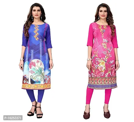 GROWMORE Women's Crepe Digital Print Straight Kurta(Pack of 2) (XL, Blue  HOT Pink)-thumb0