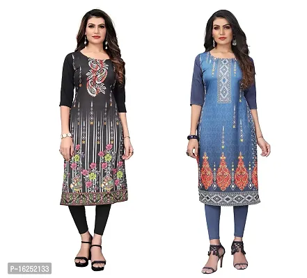 GROWMORE Women's Crepe Digital Print Straight Kurta(Pack of 2) (S, Black  Blue Grey)-thumb0