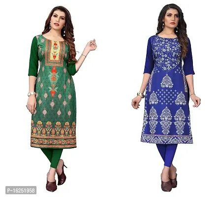 GROWMORE Women's Crepe Digital Print Straight Kurta(Pack of 2) (XXL, Green  Blue)-thumb0