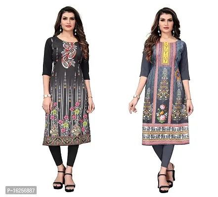 GROWMORE Women's Crepe Digital Print Straight Kurta(Pack of 2) (M, Black  Grey)