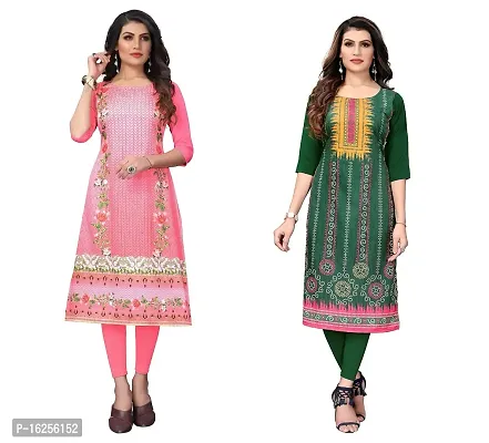 GROWMORE Women's Crepe Digital Print Straight Kurta(Pack of 2) (M, Peach  Light Green)-thumb0