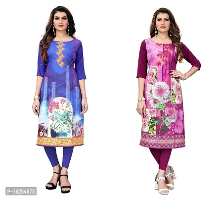 GROWMORE Women's Crepe Digital Print Straight Kurta(Pack of 2) (M, Blue  Purple)-thumb0