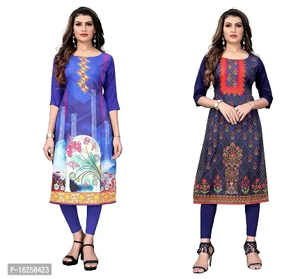 GROWMORE Women's Crepe Digital Print Straight Kurta(Pack of 2) (XL, Blue  Indigo Blue)-thumb0