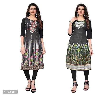 GROWMORE Women's Crepe Digital Print Straight Kurta(Pack of 2) (XL, Black  Dark Black)-thumb0