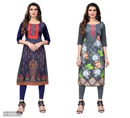 GROWMORE Women's Crepe Digital Print Straight Kurta(Pack of 2) (L, Dark  Light Grey)