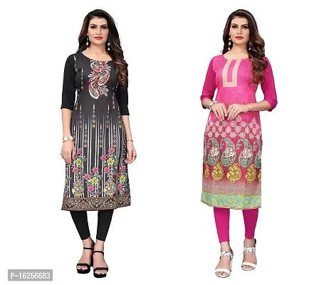 GROWMORE Women's Crepe Digital Print Straight Kurta(Pack of 2) (S, Black  Pink)