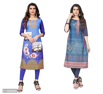 GROWMORE Women's Crepe Digital Print Straight Kurta(Pack of 2) (S, Blue  DIM Grey)-thumb0