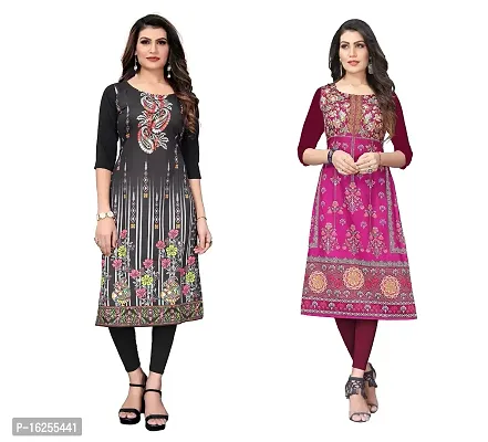 GROWMORE Women's Crepe Digital Print Straight Kurta(Pack of 2) (L, Black  Medium RED)-thumb0