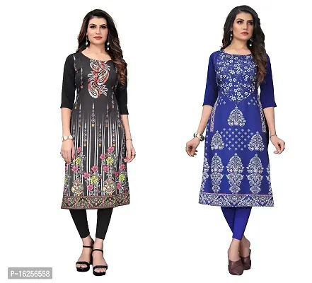 GROWMORE Women's Crepe Digital Print Straight Kurta(Pack of 2) (L, Black  Blue VIOLOT)